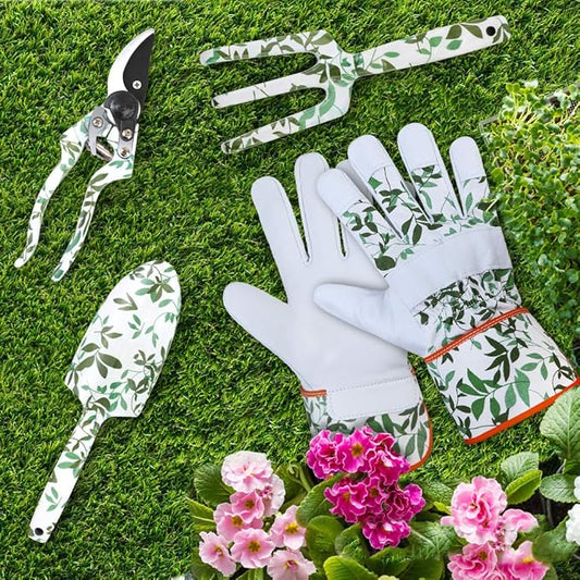 Leather Gardening Gloves with 2Pcs Garden Tools and 1Pc Pruning Shear for Men and Women, Medium Size