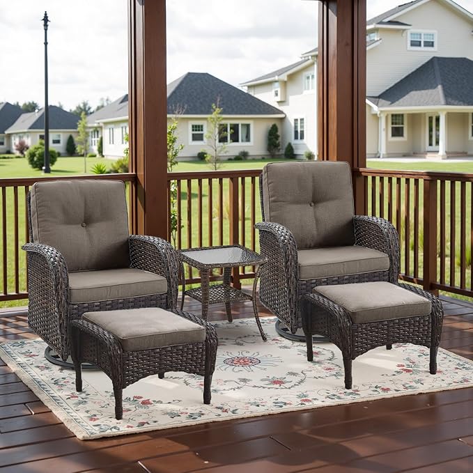 5 Piece Swivel Rocker Glider Outdoor Chairs Set of 2 with Ottoman and Glass Side Table Patio Bistro Furniture Set, Comfort High Back Wicker Patio Conversation Set for Deck Porch Sunroom