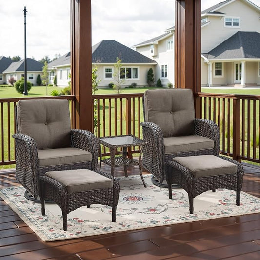 5 Piece Swivel Rocker Glider Outdoor Chairs Set of 2 with Ottoman and Glass Side Table Patio Bistro Furniture Set, Comfort High Back Wicker Patio Conversation Set for Deck Porch Sunroom