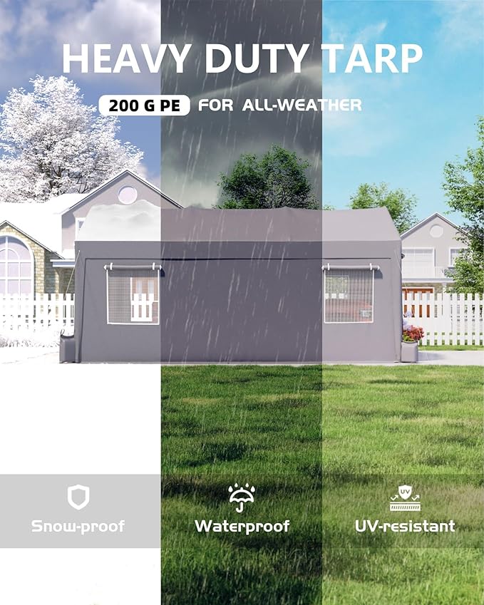 13x20 Ft Carport, Heavy Duty Portable Garage with Roll-Up Doors & 4 Windows,200g PE Tarp Waterproof & UV Protected,All-Weather Design,for Car, Boat, Truck, Motorcycle, ATVs, and SUV