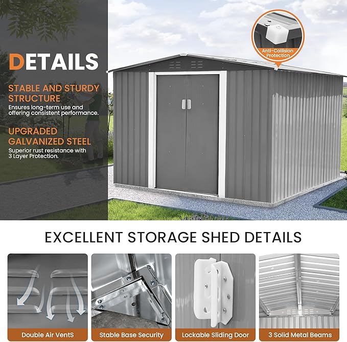 8x8 FT Metal Shed Garden Outdoor Storage Shed Updated Frame Structure with Lockable Sliding Door, Steel Anti-Corrosion Outside Sheds Waterproof for Backyard, Pool, Patio, Light Gray