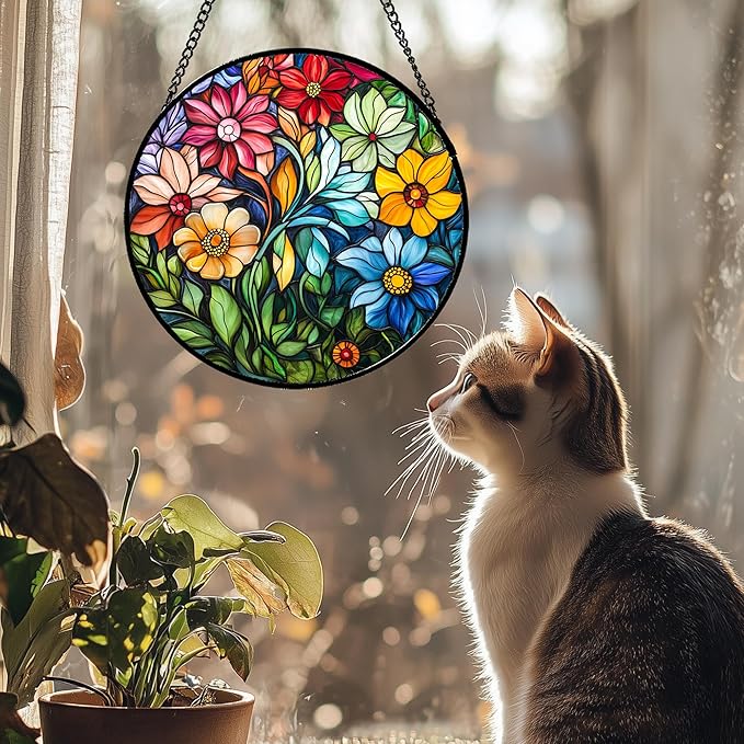 QZQCBLC Stained Glass Window Hanging Colorful Flowers and Green Plants 7.8" - Suncatcher Door Garden Sun Catcher Home Decor Birthday Christmas for Mom Men Woman Nana Friend