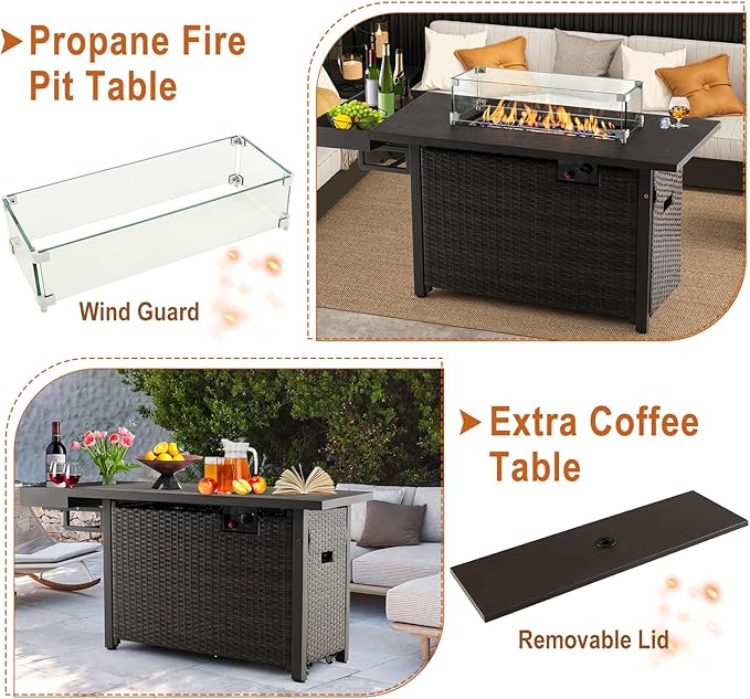 Giantex 52" Outdoor Propane Fire Pit - 50,000 BTU Wicker Patio Gas Fire Table w/Lid, Waterproof Cover, Tempered Glass Wind Guard & Blue Fire Stone, PE Rattan Firepit Table w/Storage Shelf (Brown)