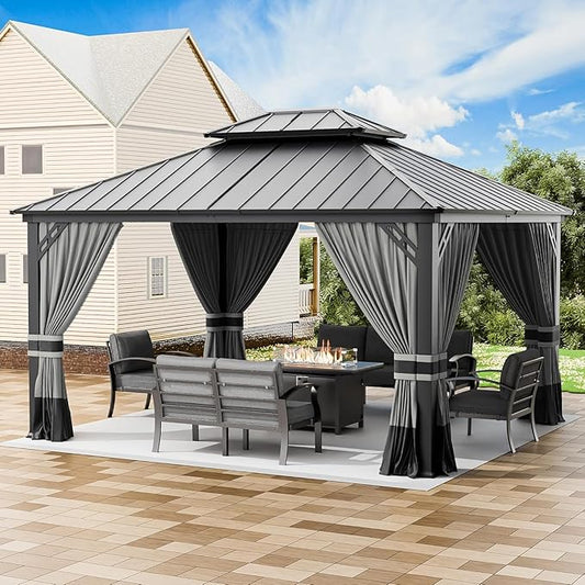 12’x14’ Hardtop Gazebo Outdoor Aluminum Frame Permanent Gazebo Galvanized Steel Double Roof Pergola with Nettings and Curtains for Patio, Lawns,Backyard, Deck,Grey