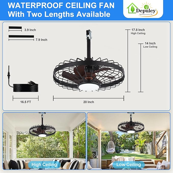 Depuley Gazebo Fans Outdoor Hanging: 20 Inch Black and Walnut Plug In Caged Outdoor Fan with Light and APP Remote Control - Waterproof Ceiling Fan for Patio Porch Pergola Reversible DC Motor