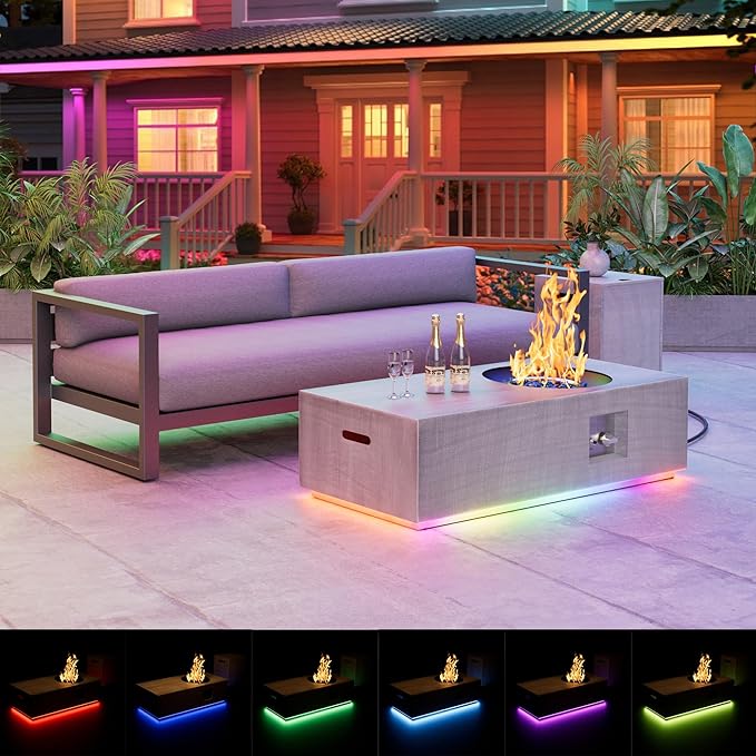 48 inch Propane Fire Pit Table, 2 in 1 Outdoor Fire Pit with 20lb Tank Cover, Outside Patio Deck and Garden, LED Gas Fireplace Table with Lid and Stone, Light Grey, RGB Light