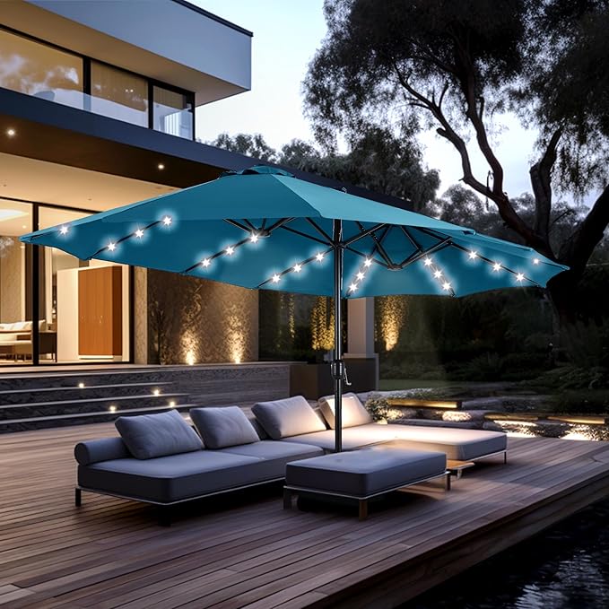 PHI VILLA 15ft Large Patio Umbrella with Solar Lights, Double-Sided Outdoor Market Rectangle Umbrellas with 36 LED Lights, Umbrella Base (Stand) Included, Cyan