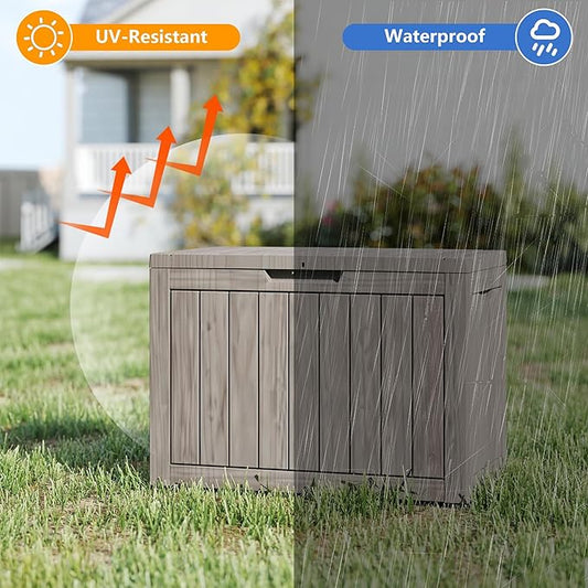 35 Gallon Small Waterproof Outdoor Storage Box, Resin Deck Box Lockable for Patio Furniture, Garden Tools, Pool Accessories, UV-Resistant for All Weather Use, Greige