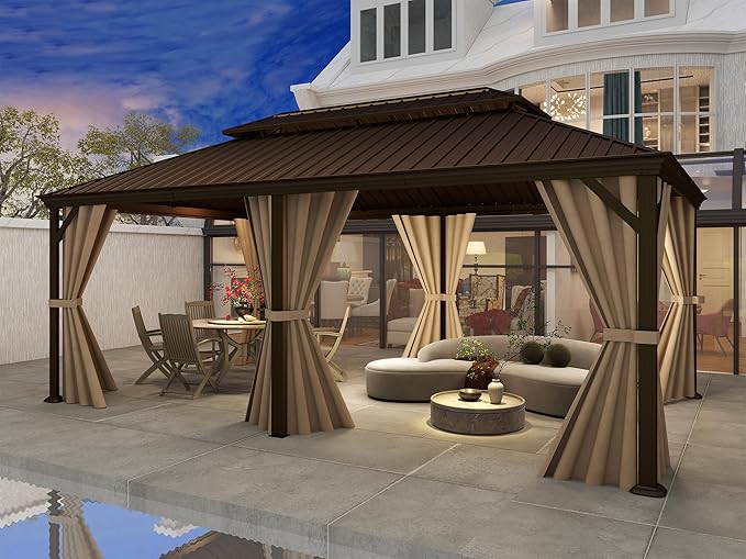 Domi 12x24FT Outdoor Gazebo, Hardtop Gazebo with Galvanized Steel Double Roof, Metal Gazebos with Drainage System Patio Pergola for Patio Deck Backyard,Curtain and Netting,Brown