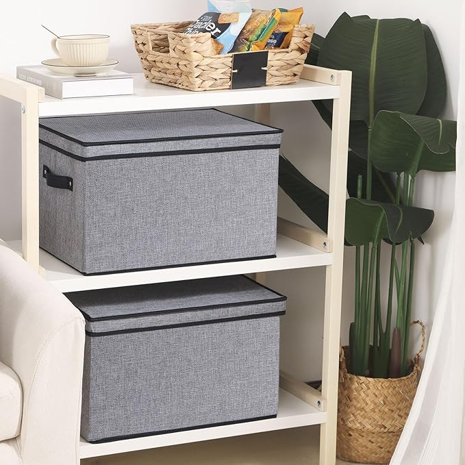 Storage Boxes, 7.1 x 9.1 x 13 Inch Closet Organizers for Shelves Bedroom Office with Handles, Storage Bins with Lids, Gray, 3-Pack