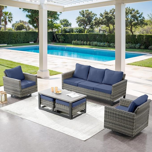 6 Piece Wicker Patio Furniture Set - Outdoor Swivel Rocker Chairs Set with Coffee Table, 3 Seat Sofa & Ottomans, Small Patio Conversation Sets Proch Furniture for Balcony Deck - Grey/Blue