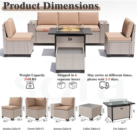 13 Pieces Patio Furniture Set with Fire Pit Table, Outdoor Sectional Wicker Sofa with Thickened Cushions and Coffee Table, High Back Rattan Patio Conversation Sets, Khaki