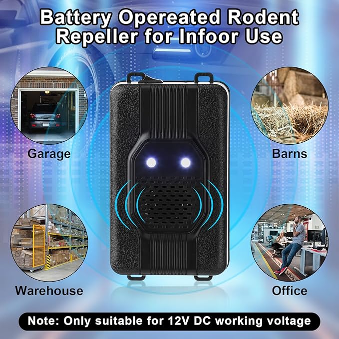 Qualirey 2 Pcs Ultrasonic Rodent Repellent for Car Engines Car Rodent Repeller Under Hood Battery Operated Rat Repellent with Strobe Light Keep Pest Squirrels Mice Out of Garage RV Outdoor