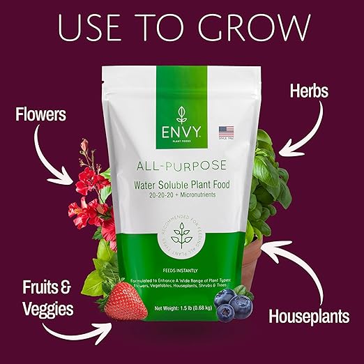 ENVY All-Purpose Plant Fertilizer, 0.5 Pound - Makes 50 Gallons, for Indoor and Outdoor Plants, Pet Safe, Water Soluble, Made in USA