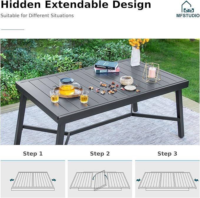 MFSTUDIO Outdoor Dining Expandable Table,Adjustable Outdoor Inclined Leg Rectangle Table for 6-8 Person Lawn,Garden,Black Metal Frame