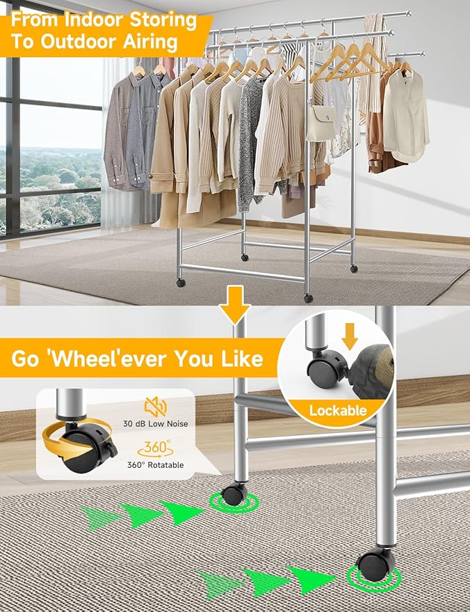 SAN LIKE Garment Rack with Wheels, Heavy Duty Load 550 lbs 3-Rod Standing Clothing Rack 3.8' to 6.4' Extendable Metal Clothes Rack, Portable Foldable Drying Rack for Clothes, Quilt, Comforter, Blanket