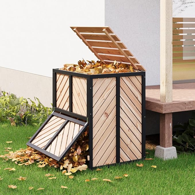 115 Gallon Solid Wood Composter, Outdoor Compost Bin with Pull-Out Door and Flip-Top Lid, Heavy Duty Composting Bin for Outside Backyard, Garden, Patio, Natural