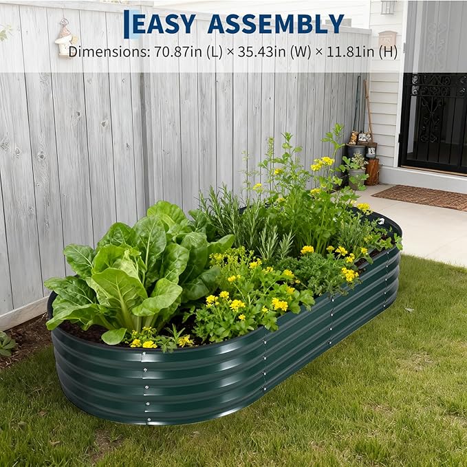 Oval Galvanized Raised Garden Bed Kit with Zippered PVC Cover, Easy Assembly, Thick Metal Outdoor Planter Box for Vegetables, Flowers, Patio Gardening, Dark Green