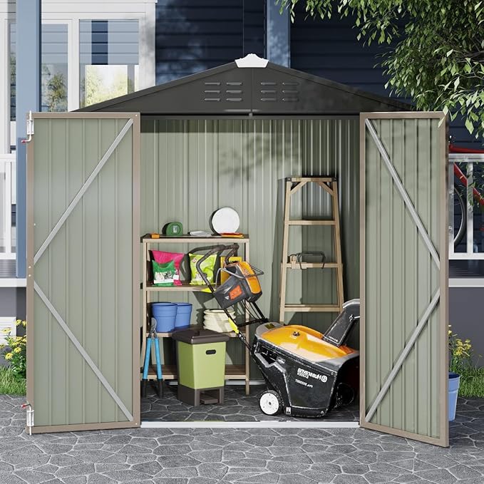 Devoko Outdoor Storage Shed 6 x 4 FT Lockable Metal Garden Shed Steel Anti-Corrosion Storage House with Double Lockable Door for Backyard Outdoor Patio (Brown)