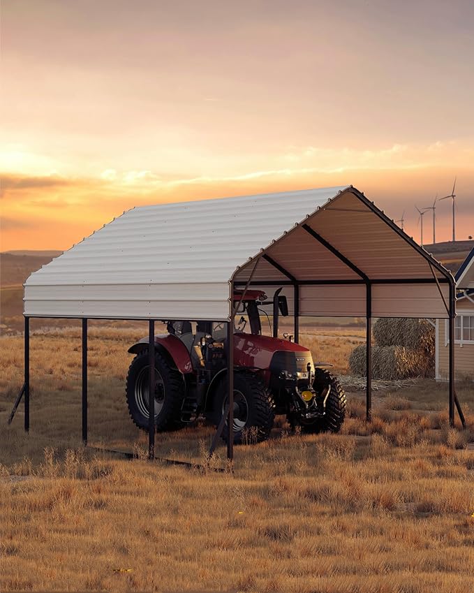 13x16 FT Metal Carport Heavy Duty Car Ports Reinforced Frame, Galvanized Steel Roof and Enhanced Base All-Weather Outdoor Shelter for Cars, Bass Boats, Full-Sized Pickup Trucks, Tractors