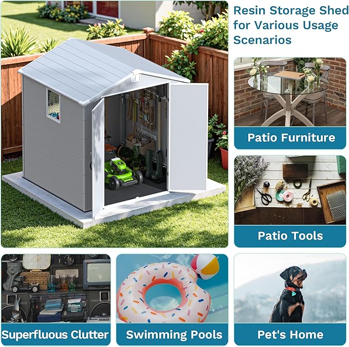 Devoko 6x6 FT Plastic Outdoor Storage Shed - Lockable Resin Tool Shed with Window & Floor - Easy Assembly for Garden, Backyard, Light Gray