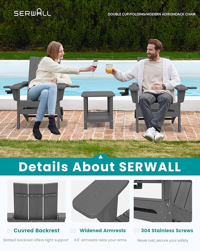 SERWALL Outdoor HDPE Adirondack Chair Set 4, Modern Folding Adirondack Chair with Cup Holders, Weather Resistant Fire Pit Chairs, Gray