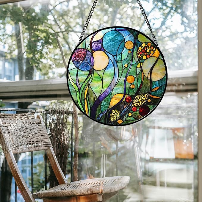 QZQCBLC Stained Glass Window Hanging Blue Ocean Water Plants Flower Large 15" - Suncatcher Door Garden Sun Catcher Home Decor Birthday Christmas for Mom Men Woman Nana Friend