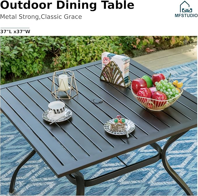 MFSTUDIO Patio Table and Chairs for 4 with 10ft Umbrella, 5 Pieces Outdoor Dining Table Furniture, 37'' Sqaure Metal Table & Swivel Chairs & Umbrella, Heavy Duty Patio Set with Umbrella