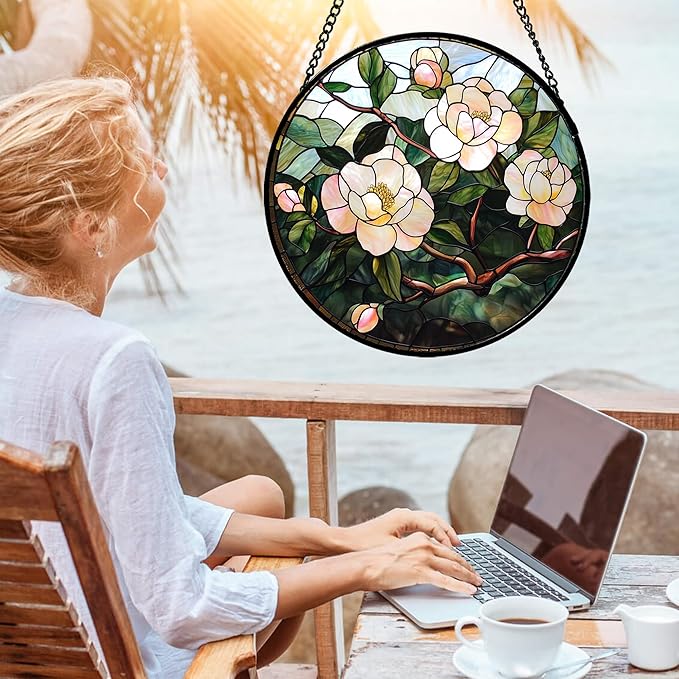 AMDERVEN Stained Glass Suncatcher, Light Pink Flowers Green Leaf Sun Catcher Plant Stain Glass Window Hanging Decoration Mother's Day Birthday Gifts for Women Men Mom Nana 15 in