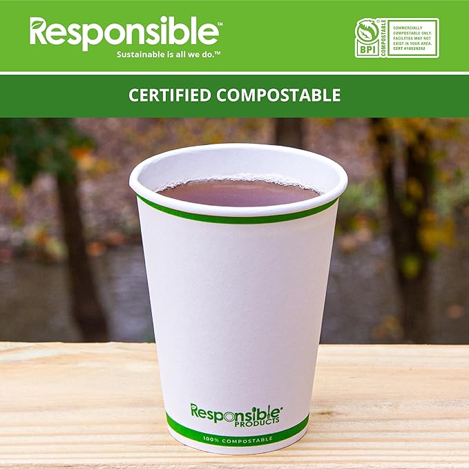 Responsible Products Certified Compostable 12 oz Paper Cups, Cold ＆ Hot Coffee Cups, Disposable Paper Cups, Extra Strength Disposable Cups, Made without PFAS (50 count)