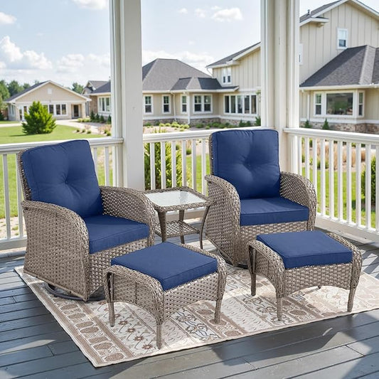 5 Piece Swivel Rocker Glider Outdoor Chairs Set of 2 with Ottoman and Glass Side Table Patio Bistro Furniture Set, Comfort High Back Wicker Patio Conversation Set for Deck Porch Sunroom