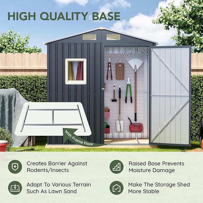 Update Version 6x4 FT Outdoor Metal Storage Shed, Single Door, 1 Clear Window, Tool Shed for Garden, Patio, Backyard Brown