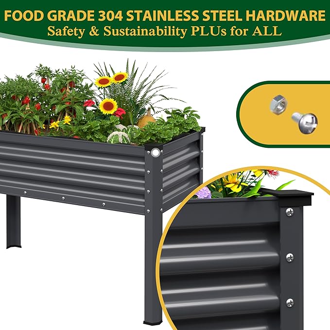 Galvanized Raised Garden Bed with Legs, 48" W x 24" D x 32" H Large Metal Elevated Raised Planter Box with Drainage Gaps for Backyard, Patio, Balcony, 507lbs Capacity, Grey