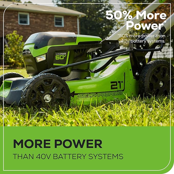 Greenworks 60V 21" Self-Propelled Cordless Lawn Mower, Brushless Motor, LED Lights, Includes 2X 4.0Ah Batteries & Rapid Dual-Port Charger(75+ Tool Compatibility, 45Min Runtime)