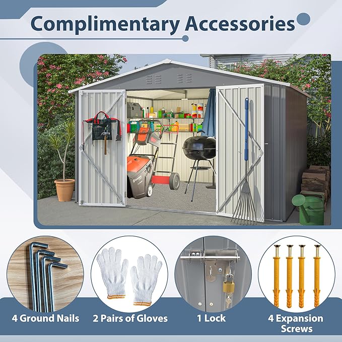 8x10 FT Outdoor Storage Shed, Metal Garden Shed with Lockable Hinged Doors, Outside Tool Shed with Sloped Roof & 4 Air Vents, Waterproof Storage Building for Backyard, Patio, Lawn, Gray