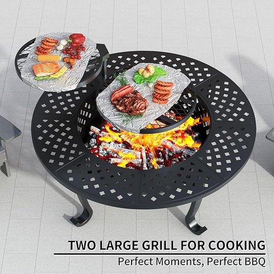 43 Inch Fire Pit with 2 Grill, Outdoor Wood Burning Firepit with Lid, Metal Round Table for Backyard Patio Garden Picnic Camping Bonfire
