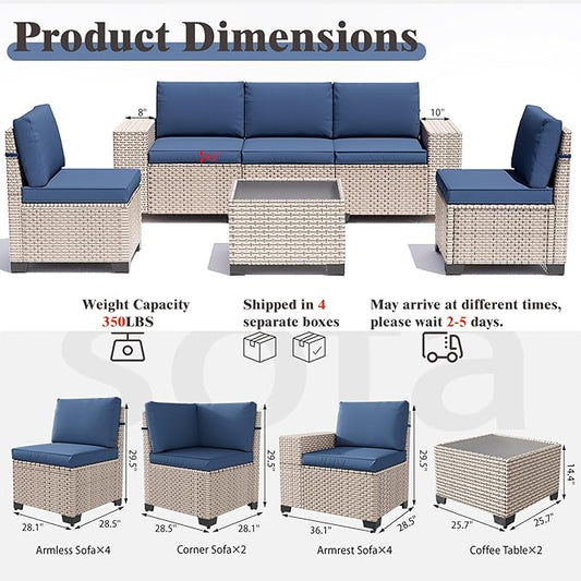 12 Pieces Patio Furniture Set, Outdoor Sectional Wicker Sofa with Thickened Cushions and Coffee Table, High Back Rattan Patio Conversation Sets for Garden Backyard, Navy