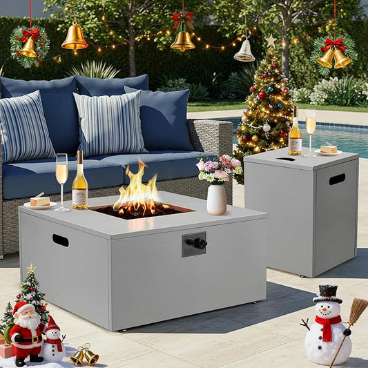 ECOTOUGE 2 Piece 32" Square Propane Fire Pit Table wirh Tank Holder, 50,000 BTU Outdoor Gas Fire Pit with Lid, Steel Fireplace w/Weather Cover, Lava Rocks for Patio, CSA Certified, Grey
