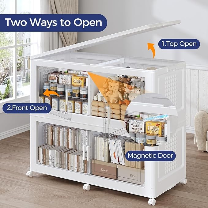 800 QT Extra Large Stackable Storage Bins with Lid, 200 Gal Collapsible Storage Box with Wheels, Folding Closet Organizers and Storage Cabinet with Doors for Home, Kitchen, Office, 4Pack White