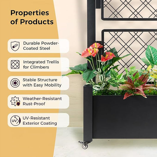 Metal Planter Box with Trellis and Wheels, 72"x46"x16" Large Outdoor Garden Planter for Climbing Plants, Vegetables & Vines, Includes Drainage Holes and Privacy Screen, Black