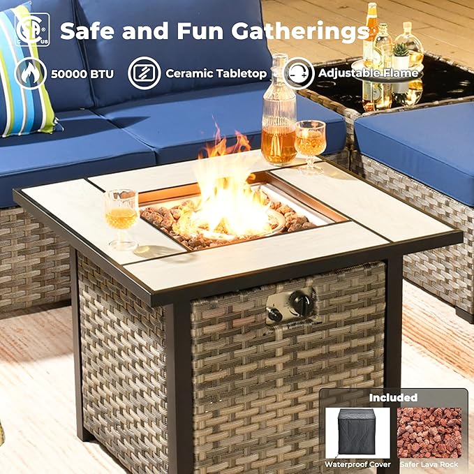 ovios 9 Pieces Patio Furniture Set, Outdoor Wicker Sectional Sofa with 30" Fire Pit Table Swivel Chair, Modern Modular Deep Seat Rattan Couch Conversation Sets, Navy Blue