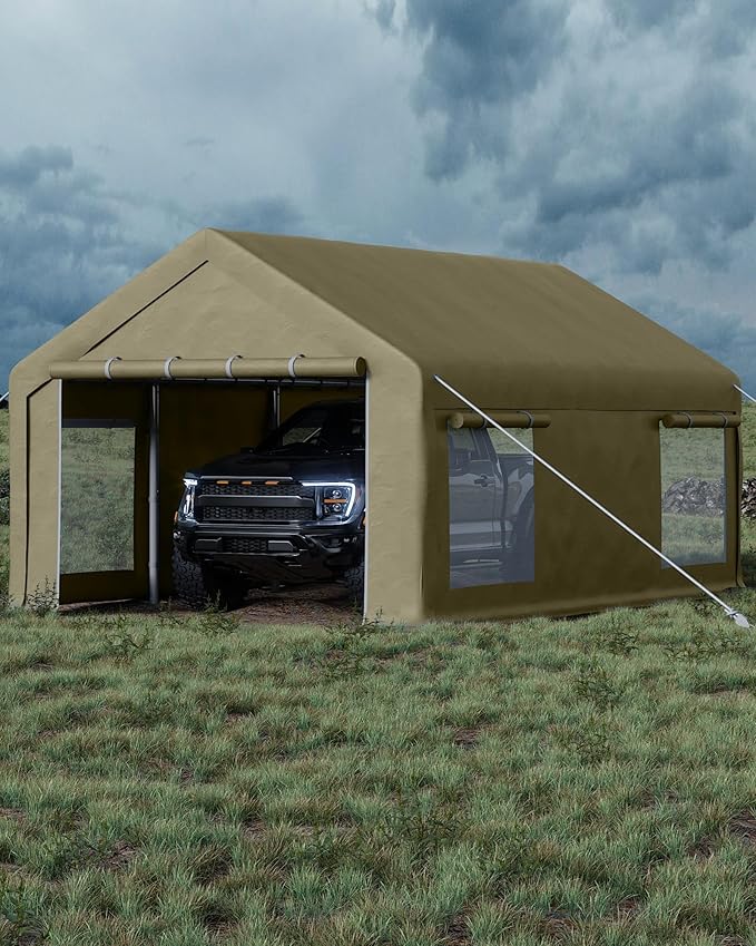 13x20 FT Carport,Heavy-Duty Carport with 4 Roll-Up Windows & Doors, Portable Garage 200g PE Tarp, Waterproof & UV Protected Outdoor Shelter for Car, Boat, Truck, Motorcycle
