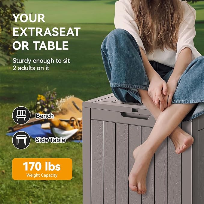NUNU LAB 35 Gallon Outdoor Storage Box Waterproof, Outside Package Delivery Deck Boxes with Lockable Lid, Backyard Storage Bin For Garden Tools, Patio Cushions, Pool Accessories, Gray