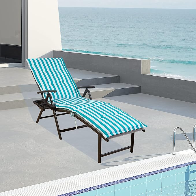 Kozyard Cozy Aluminum Reclining Lounge Chair for Beach, Yard, Pool, Deck, Patio - Outdoor Chaise Lounge with Drink Holder Weather Free Adjustable Assemble-Free Blue Strip Cushion