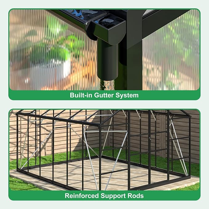 WKM 10x12 FT Polycarbonate Greenhouse, Enhanced Aluminum Frame Greenhouses for Outdoors Withstands Strong Wind or Snow with Roof Vent, Walk-in Green Houses for Outside Garden Backyard, Black