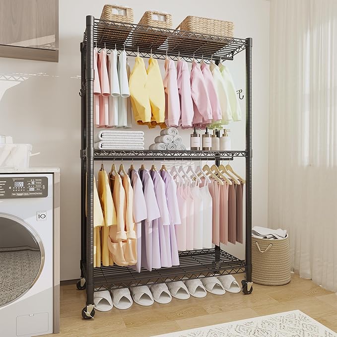 Heavy Duty Rolling Clothes Rack with 22 mm pipes, 694LBS Metal Garment Rack for Hanging Clothes, Freestanding Clothing Racks with Adjustable Storage Shelves Hanging Rod & Side Hooks