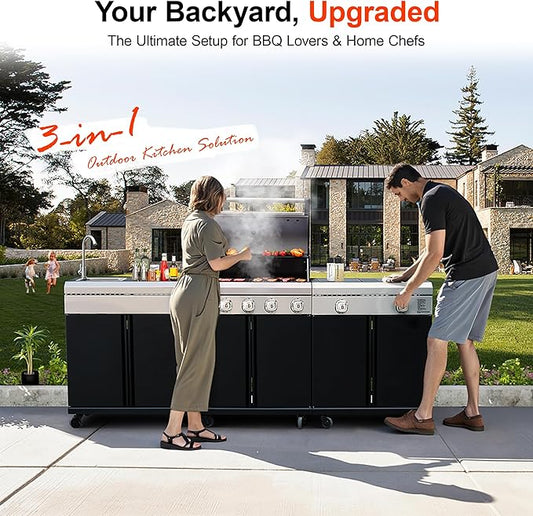 Brand-Man Outdoor Kitchen Island – 5-Burner Gas Grill & Griddle Combo with 800°C Infrared Sear Zone, Dual-Zone Cooktop, Sink & Storage, 995 sq.in Cooking Area, 67,000 BTU Stainless Steel BBQ Station