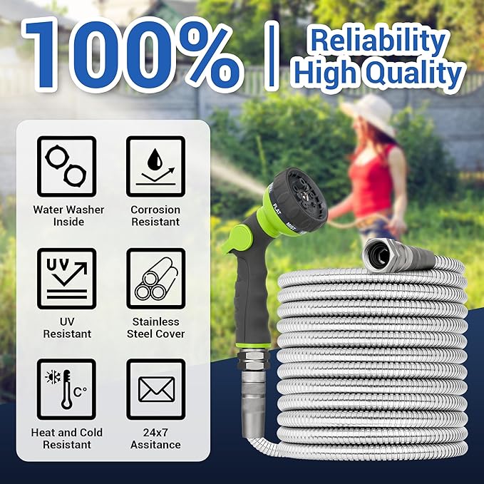 25 FT Stainless Steel Garden Hose – Lightweight No-Kink Metal Water Hose, 304 Steel, Flexible & Easy to Coil, Leak-Proof Swivel Fittings, 8-Mode Nozzle for Patio, Balcony, RV, Small Gardens