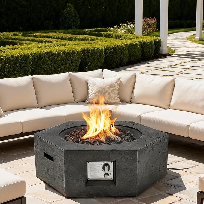 ECOTOUGE Propane Fire Pit Table, Outdoor Gas Fire Pit Set w/Side Handles, 30''Auto-Ignition Steel Fire Table, 50,000 BTU Hexagon Concrete fire Pit w/Weather-Resistant Pit Cover, Lava Rocks, Black