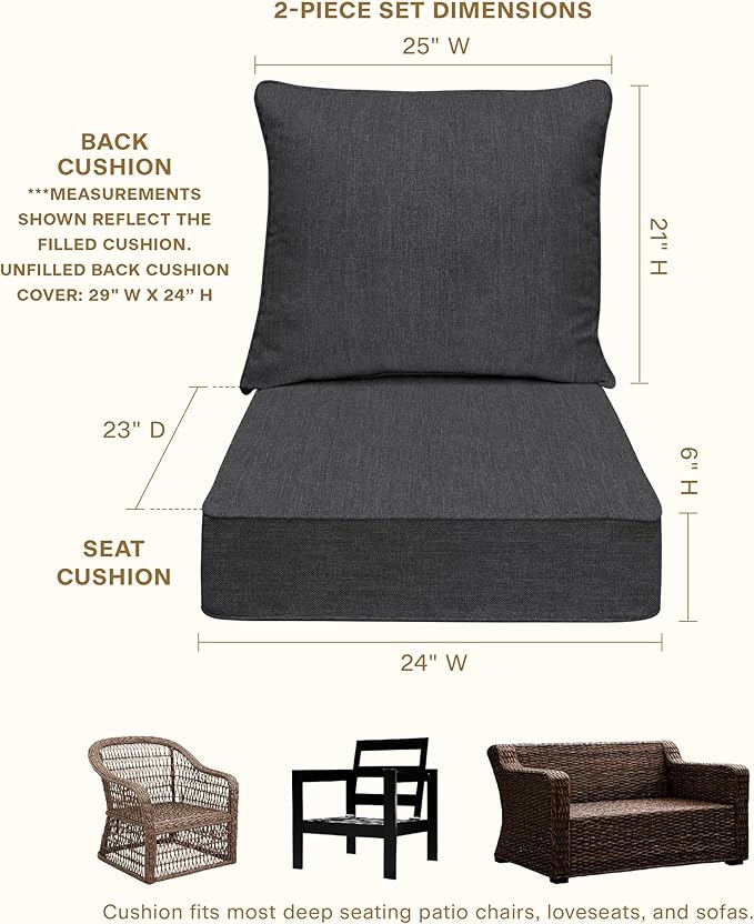 Honeycomb Outdoor Heritage Deep Seat, 24 x 23, Textured Solid Charcoal Grey Chair Cushion for Patio Furniture